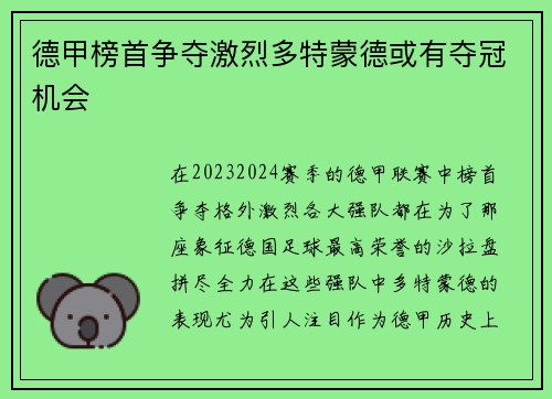 德甲榜首争夺激烈多特蒙德或有夺冠机会